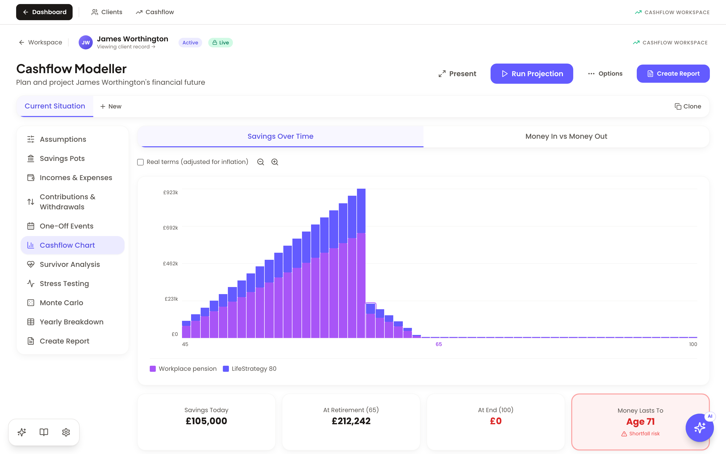 Bloom's cashflow modeller — a real savings-over-time projection built from the client's live policy data