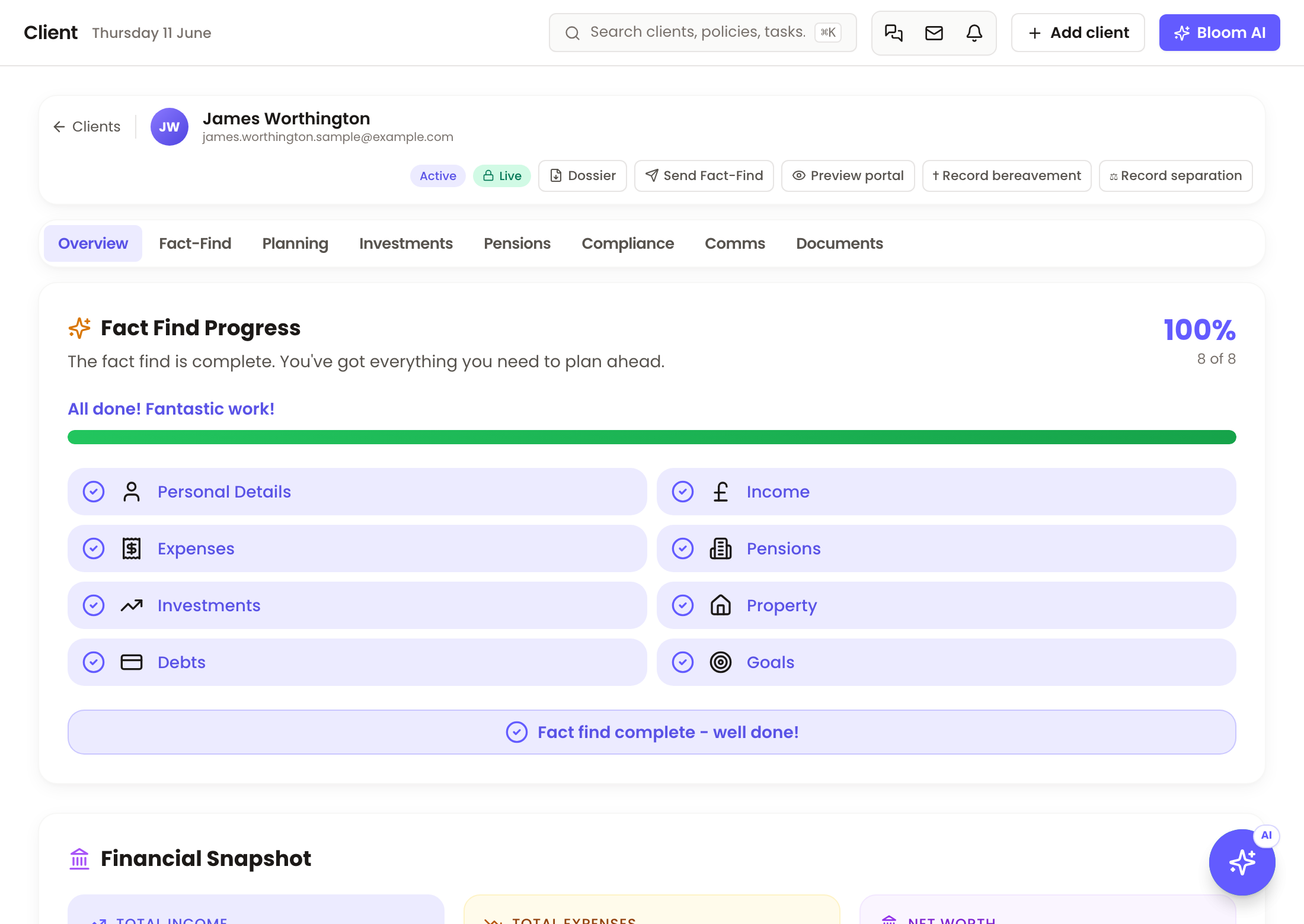 A real Bloom client record — fact-find progress, financial snapshot and linked policies