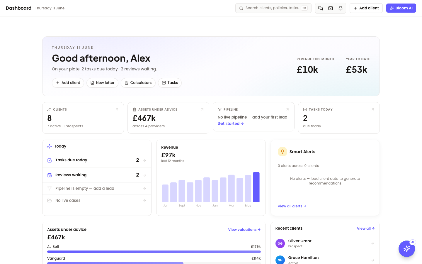 The Bloom dashboard — morning briefing with revenue, clients, pipeline and today's tasks