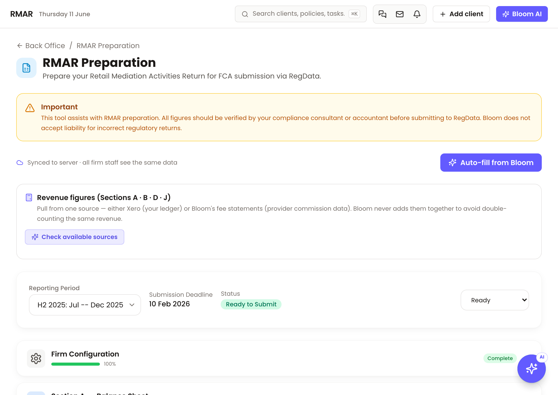 Bloom's RMAR preparation view — revenue figures, reporting period and auto-fill from Bloom